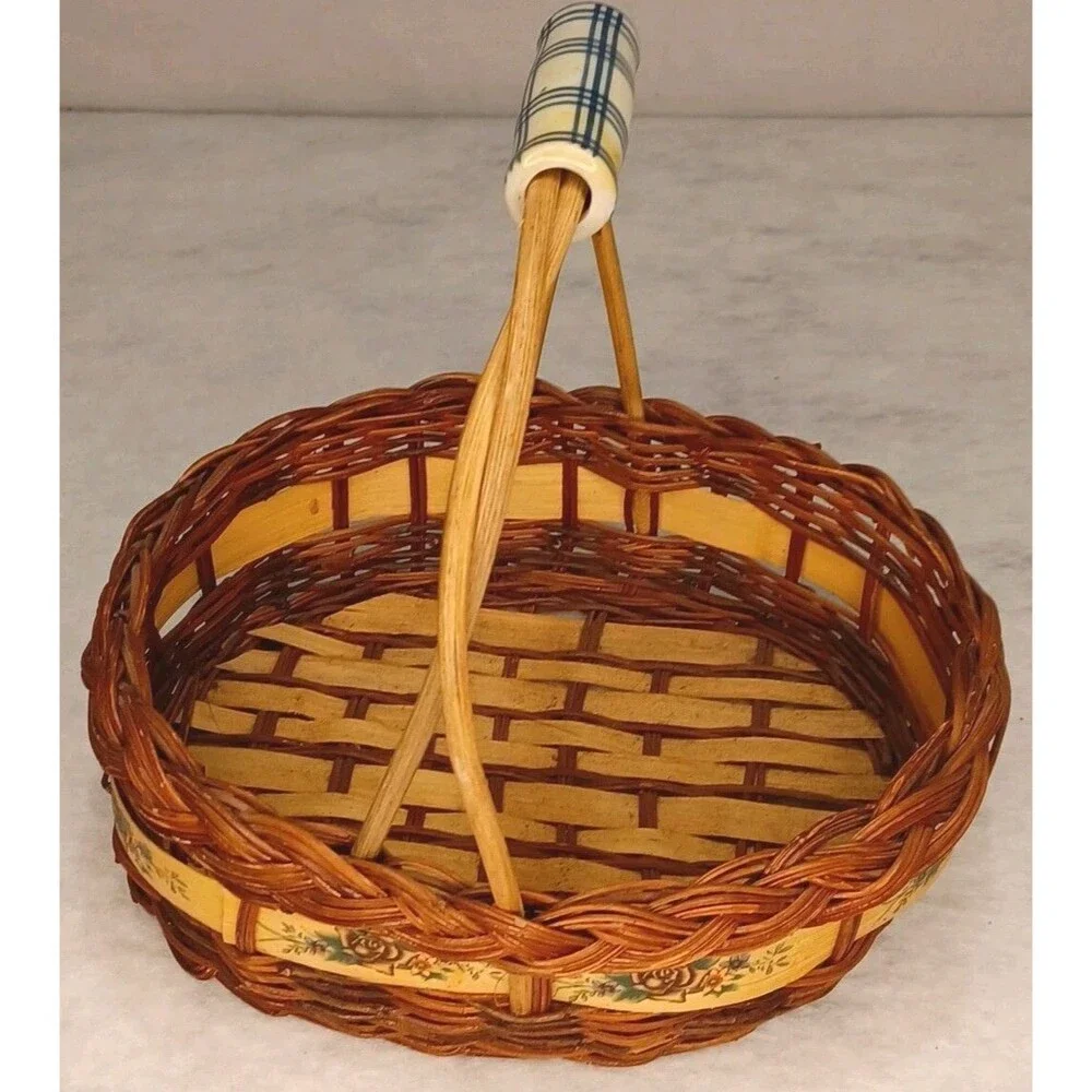 Wicker Woven Basket Porcelain Blue and White Flower Handles 8